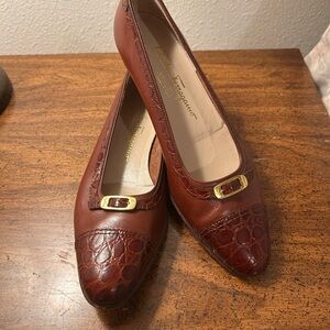 Salvatore Ferragamo Brown Leather Croc-Trim Ballet Flats with Gold Buckle